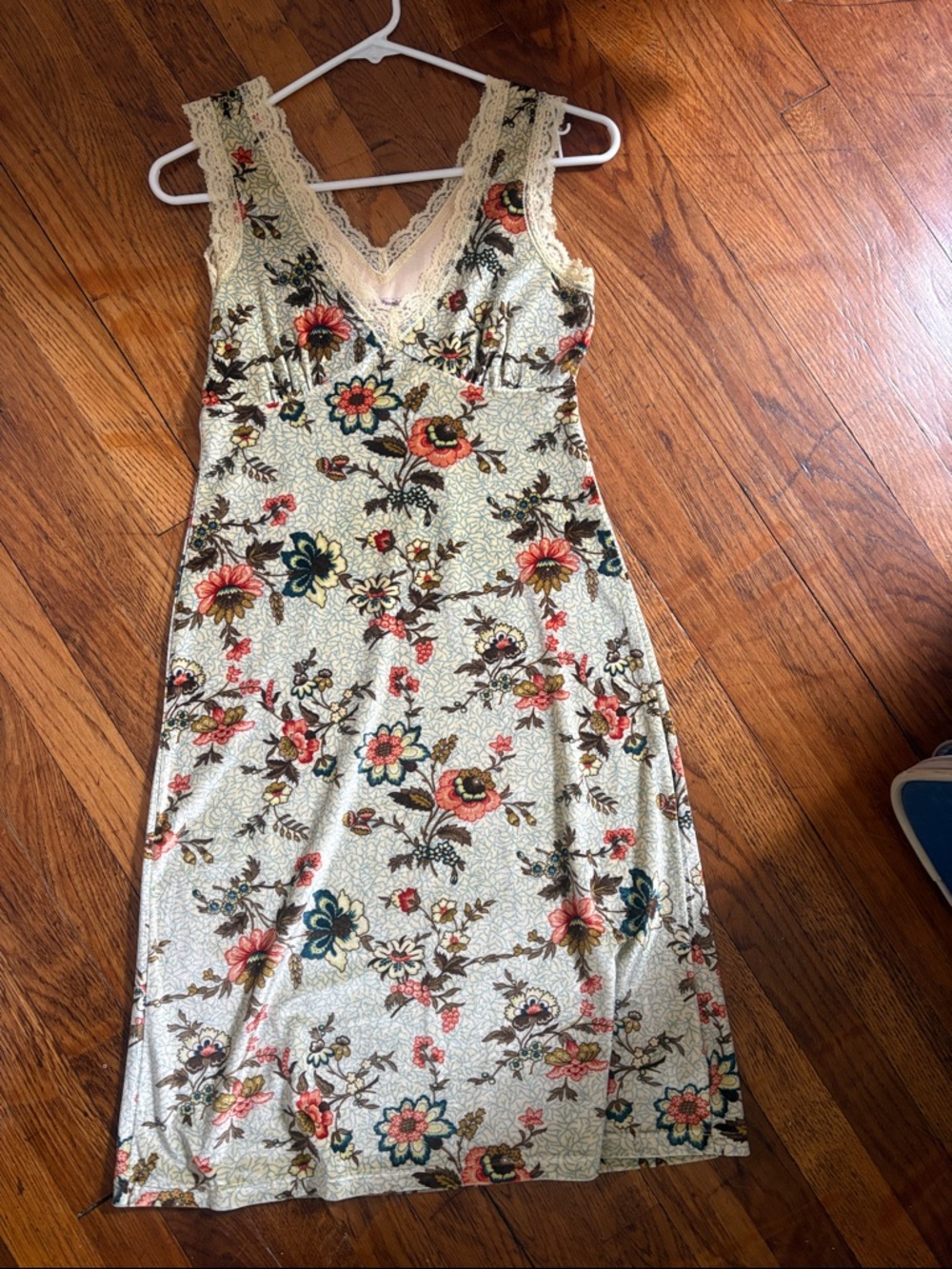 Free People Cream Floral Lace-Trim Midi Dress with Coral & Navy Accents